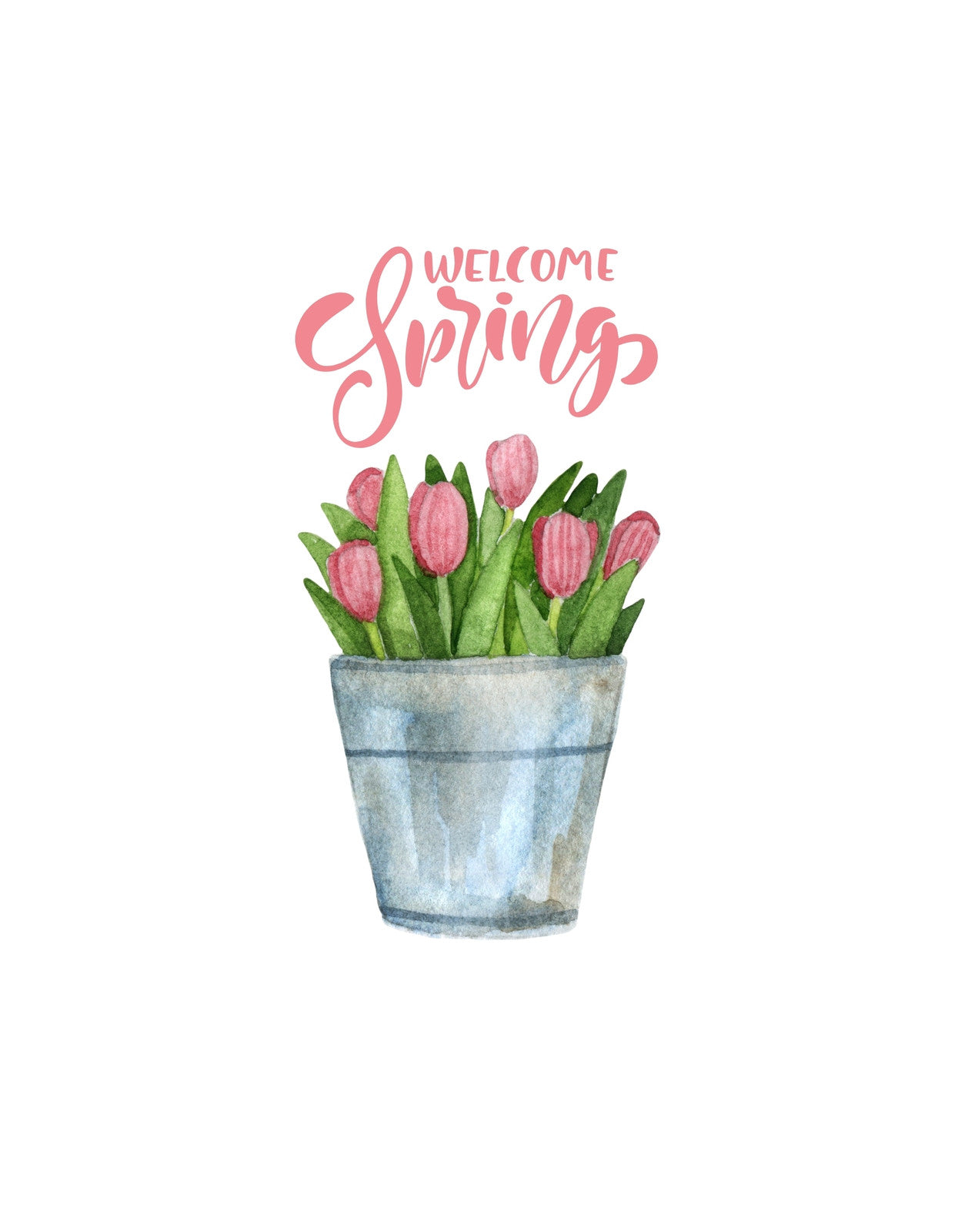 Egy vödrös cserepes tavaszias tulipánszálakat ábrázoló vízfestmény, mely fölött a "Welcome Spring" üdvözlő szöveg olvasható. 