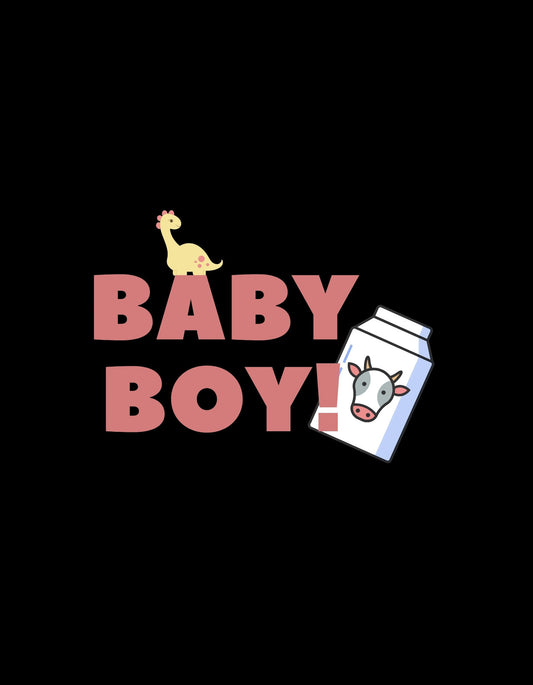 A képen egy aranyos kismalac látható piros "BABY BOY!" felirattal és egy tejdoboz képével, melyen egy boci feje figyel. 