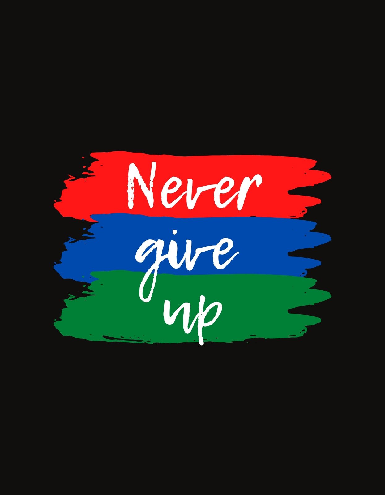 Egy motiváló felirat díszíti ezt a dizájnt, "Never give up" szöveggel, amely piros, kék és zöld ecsethúzásokon helyezkedik el. 