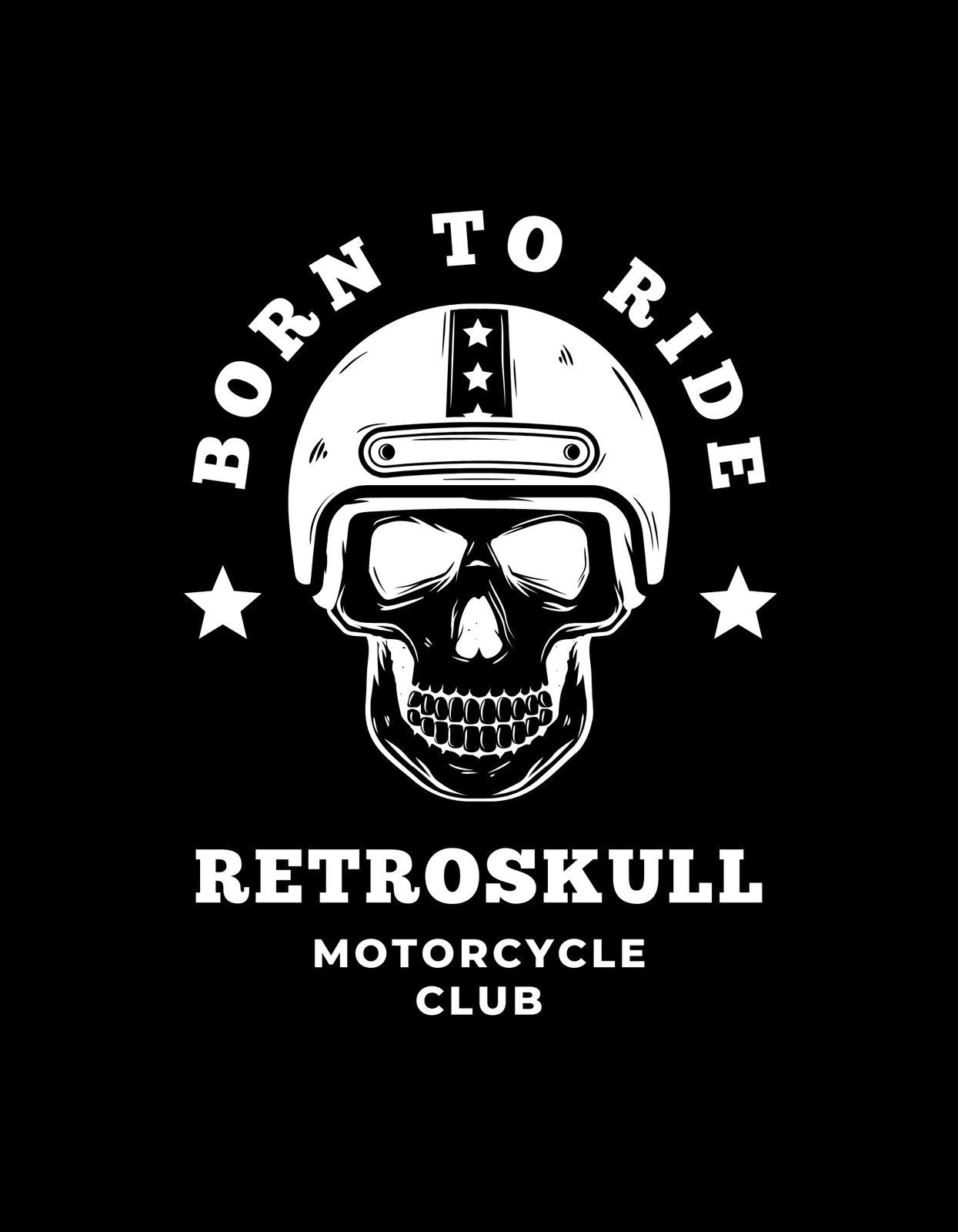 Egy sisakot viselő koponya motívummal díszített, letisztult, fekete-fehér dizájn. "Born to Ride" és "Retroskull Motorcycle Club" feliratokkal, amik az öntörvényűség és a szabadság érzetét közvetítik. 