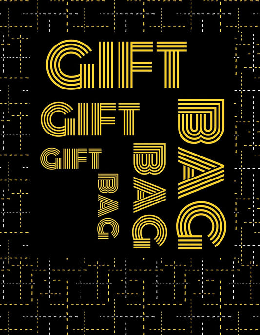 Az "GIFT BAG" szöveg ismétlődik a képen dinamikus, vonalas betűtípussal, amely kiemelkedik a sötét háttérről finom, szabálytalan négyzetrács mintával. 