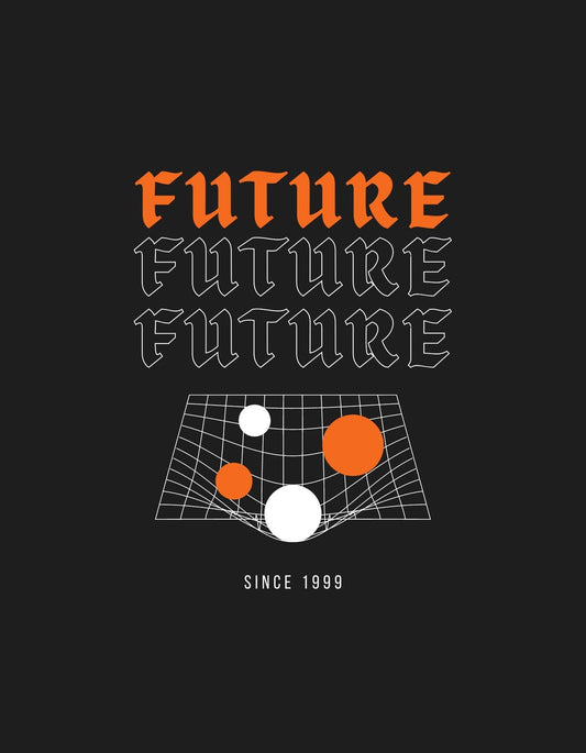 Minimalista jövőbeli dizájn narancssárga és fehér színekkel, amely egy geometriai formákból álló ábrát és az "FUTURE" feliratot háromszor egymás alatt tartalmazza, valamint az "SINCE 1999" aláírást.