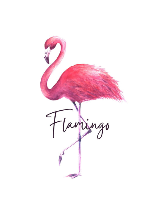 Az akvarell stílusban megjelenített, élénk rózsaszín flamingó magabiztos tartással állítja terbe egyik lábát. Az elegáns és minimalista dizájn a Flamingo szó kíséretében egyszerű, mégis hangsúlyos megjelenést kölcsönöz. 