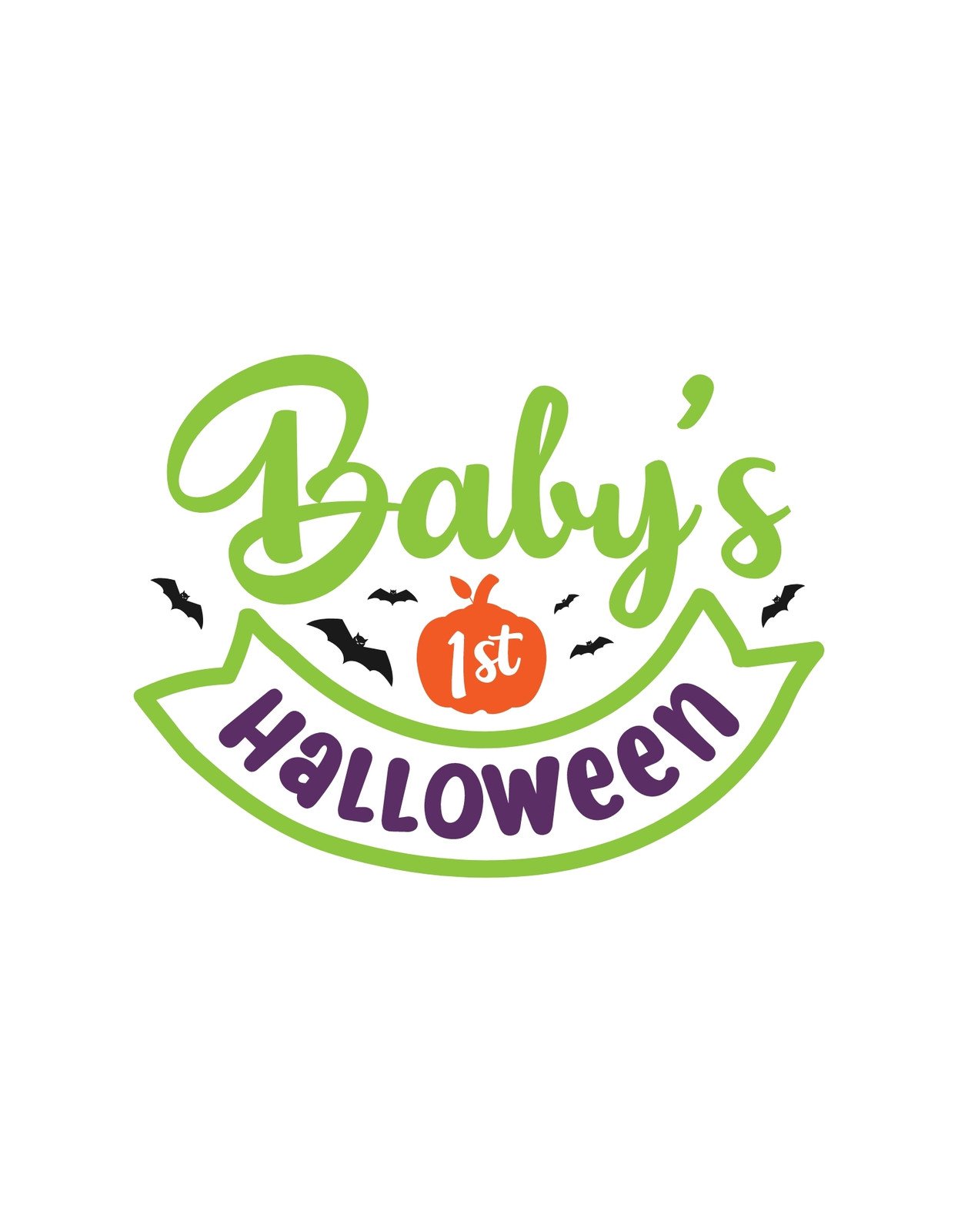 Egy vidám, színes dizájn, amelyen a "Baby's 1st Halloween" felirat látható, körülötte denevérekkel és egy aranyos tökkel.