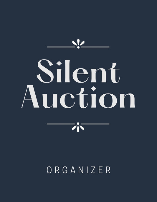 Egy egyszerű, mégis stílusos dizájnnal rendelkező kép, ahol a "Silent Auction" szöveg szerepel kiemelt, fehér betűkkel sötétkék háttér előtt. A szöveg felett és alatt diszkrét díszítőelemek találhatóak, amelyek eleganciát kölcsönöznek a megjelenésnek. 