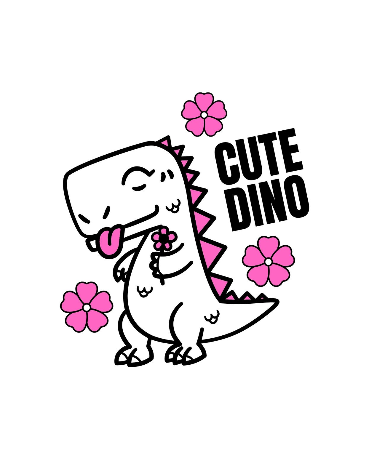 Egy mosolygó dinoszaurusz szerepel ezen az aranyos grafikán, rózsaszín virágokkal díszítve, és a "CUTE DINO" felirattal, amely kiemeli a dizájn játékos hangulatát. 