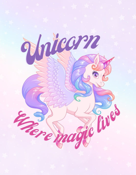 Egy színes, álomszerű unikornis büszkén szerepel ezen a képen, szivárványos sörénnyel és ragyogó szárnyakkal, a "Unicorn" és "Where magic lives" feliratokkal körülvéve. 