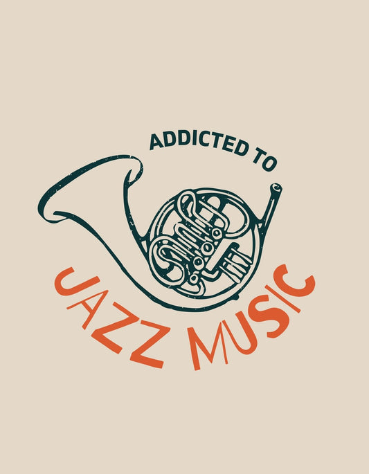 Egy kifinomult szarvasmarha kürtöket ábrázoló grafika, melyet a "Addicted to JAZZ MUSIC" felirat ölel körül, sugárzóan költői hangulatot árasztva. 