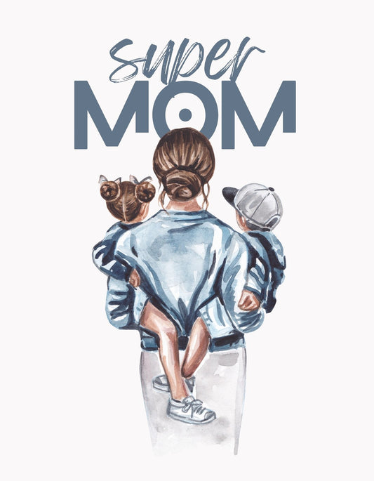 Egy anyát ábrázol a kép, hátulnézetből, ahogy két gyermekét szorosan magához öleli, föléjük írva a "Super Mom" feliratot kézzel írott betűtípussal. 