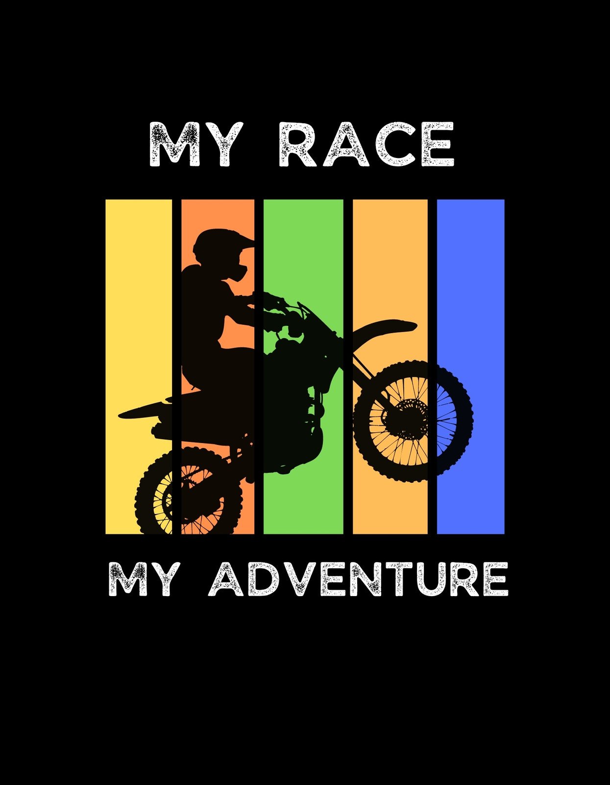 Egy motorkerékpáros sziluettje látható, akit a szabadság és az adrenalinfokozta izgalom vesz körül, az "MY RACE MY ADVENTURE" szöveg kíséretében, amely harmonikusan olvad össze a háttér élénk színeivel. 