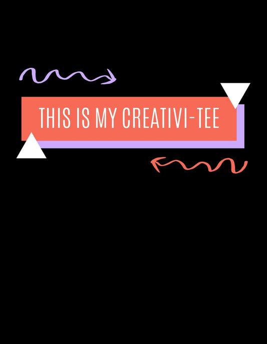 Fekete alapon egy játékos, geometriai formákkal kiegészített szöveges dizájn olvasható, mely humoros fordulattal "This is my creativi-tee" feliratot tartalmaz, kreatív szellemek számára. 