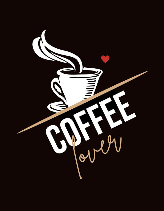 Egy elegáns kávéscsésze, melyből gőz kanyarog fel, egy szív mellett, a "COFFEE lover" felirattal, hangsúlyozva a kávé iránti szenvedélyt. 