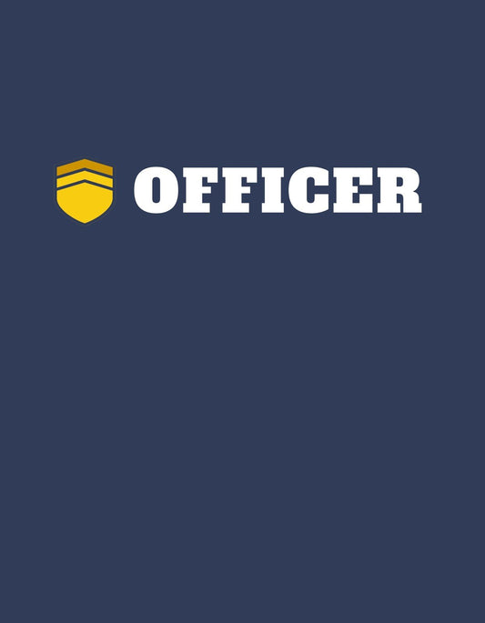 Egy sötétkék háttérrel rendelkező kép egy arany színű pajzs és fölötte az "OFFICER" felirattal, ami határozottságot és tekintélyt sugároz. 