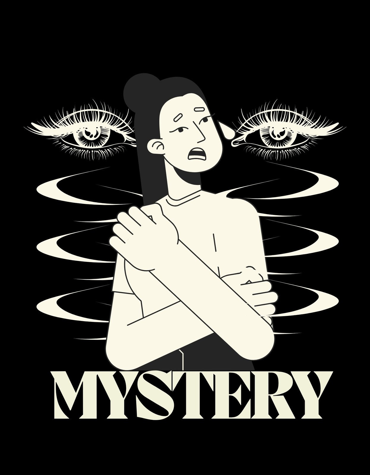 Egy rejtélyes hangulatú grafikát látunk, ahol egy személy aggodalmaskodva emeli a kezét, miközben szemek és hullámok veszik körül. Az alján a "MYSTERY" szó dominál. 