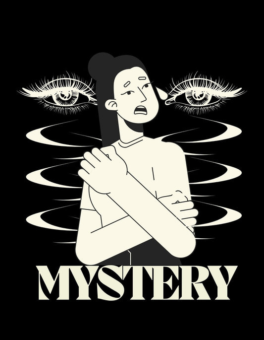 Egy rejtélyes hangulatú grafikát látunk, ahol egy személy aggodalmaskodva emeli a kezét, miközben szemek és hullámok veszik körül. Az alján a "MYSTERY" szó dominál. 