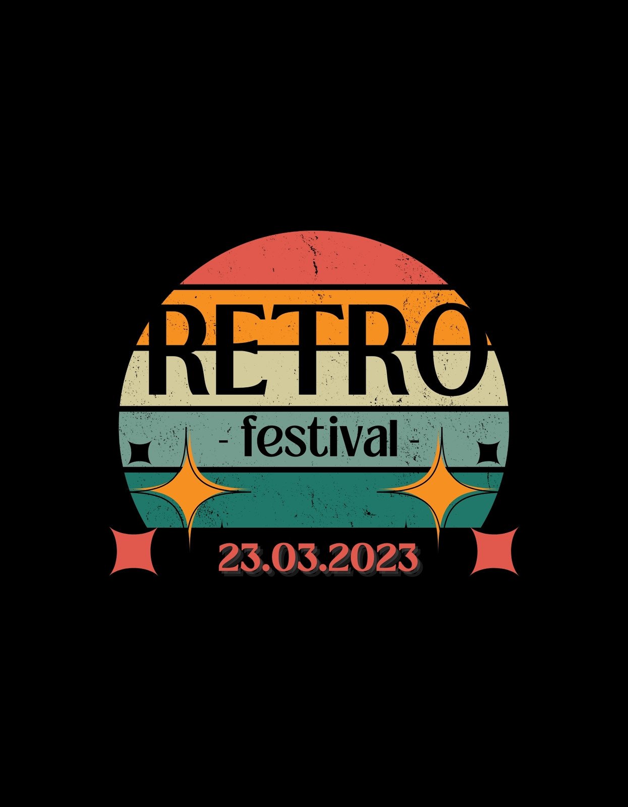 Egy igazi visszaugrás az időben! Ezen a designon a "RETRO festival" szöveg dominál, a dátum alatt pedig egy naplementét idéző háttér terül el a 70-es, 80-as évek hangulatával.