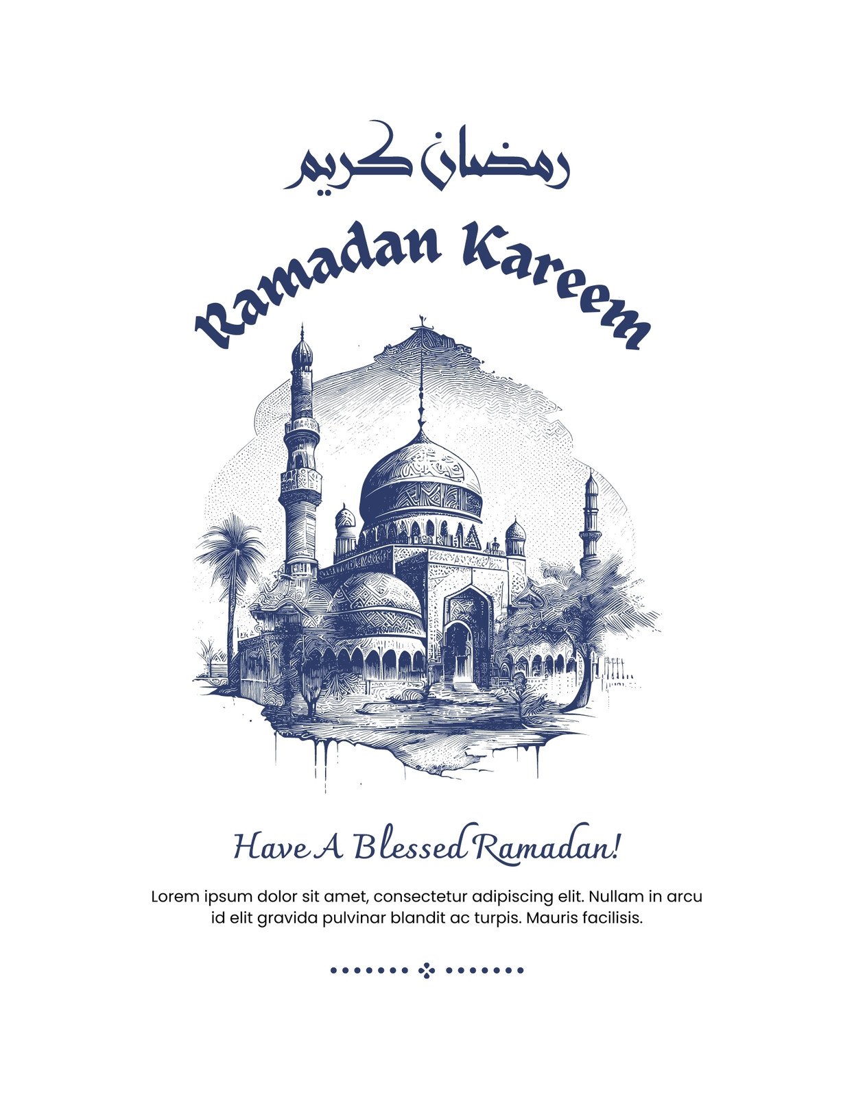 Egy gyönyörű mecset illusztrációja, melyet arab nyelvű „Ramadán káreem” felirat és az angol „Have a Blessed Ramadan!” kísér, kiárasztva a hit és a spirituális béke hangulatát. 