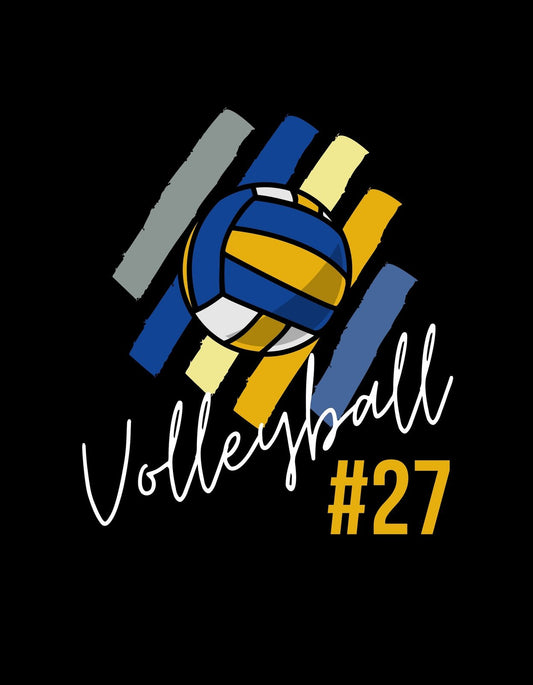 Dinamikus röplabda dizájn egy dinamikusan ábrázolt röplabdával, kiegészítve színes sávokkal, és a "Volleyball #27" felirattal.
