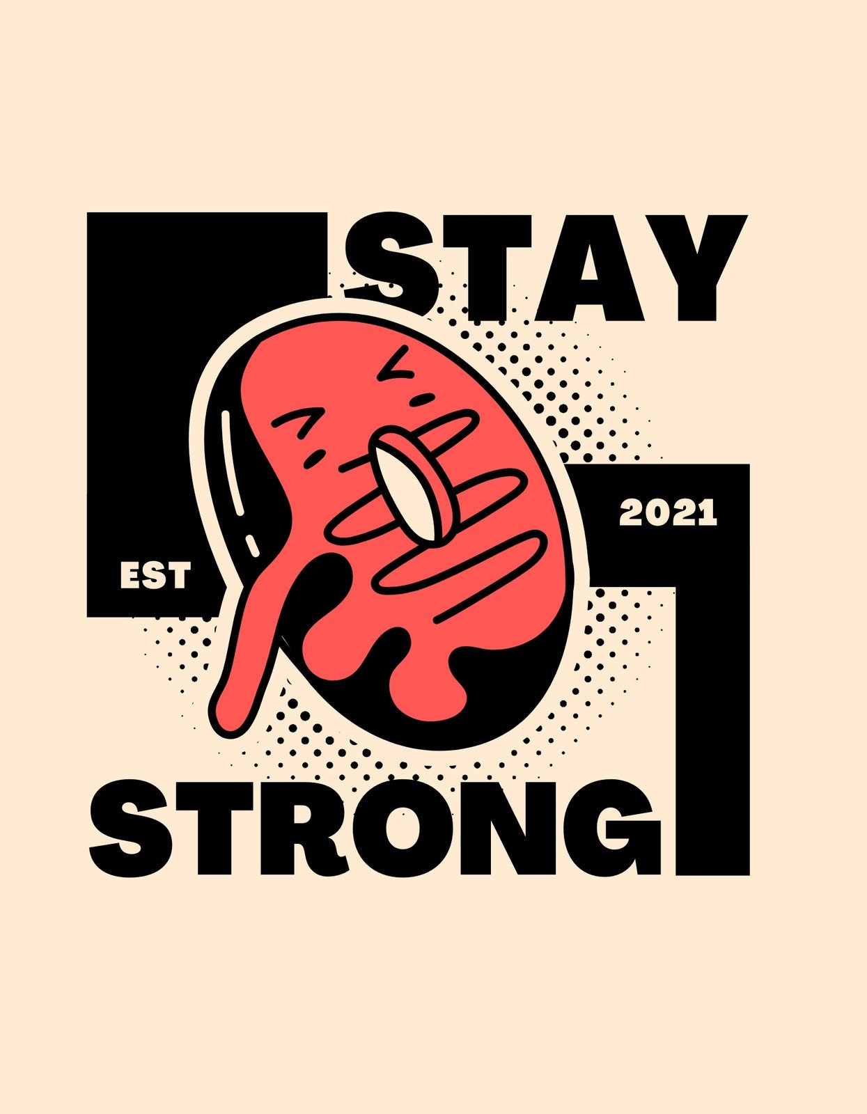 Egy izmos kar éles piros és fekete kontúrokkal, marokra szorítva egy kávébabot, "STAY STRONG" felirattal és 2021-es dátummal.