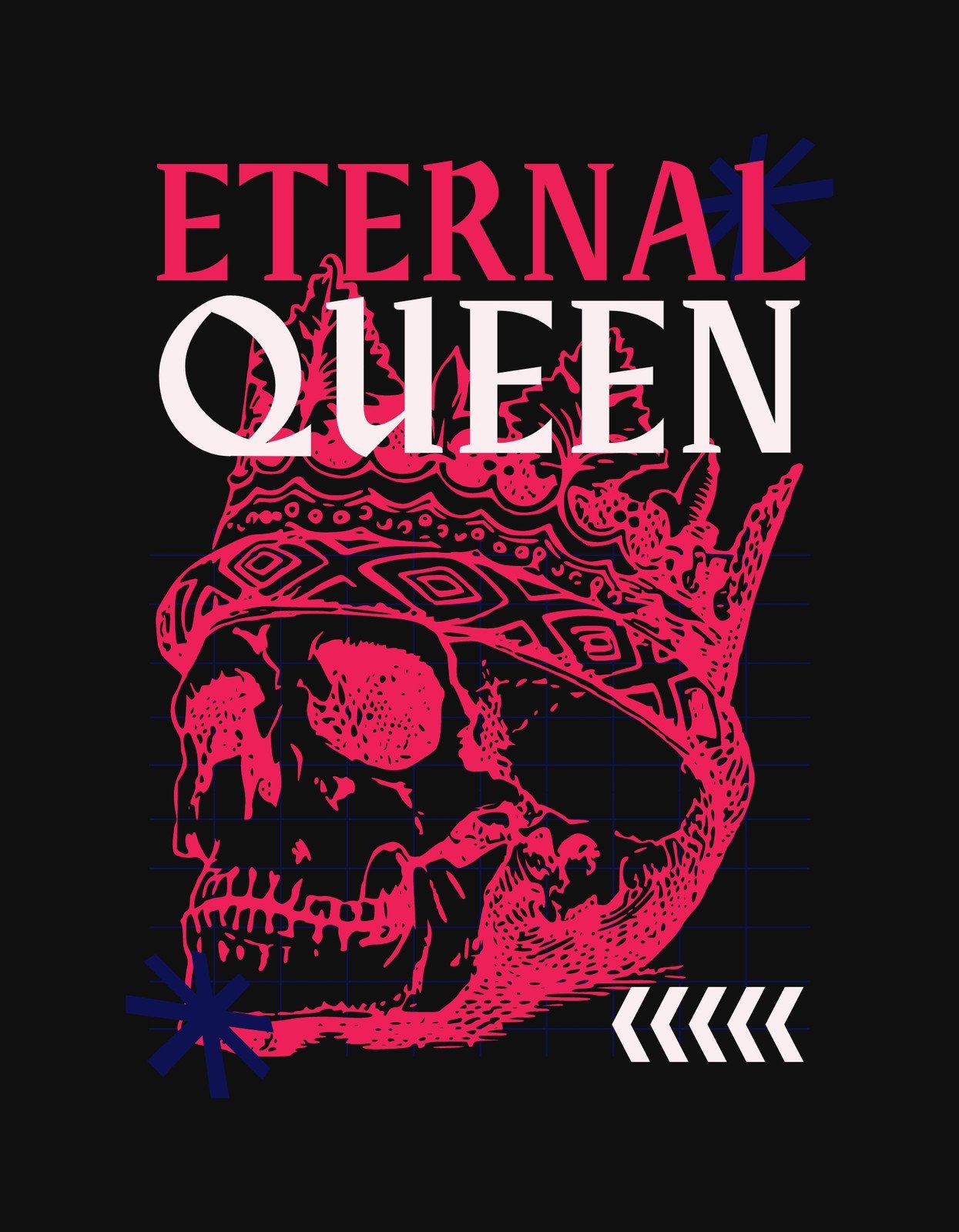 Egy merész és figyelemfelkeltő dizájn, amely egy vázfejet ábrázol, szöveggel "ETERNAL QUEEN" felirattal, eklektikus grafikai elemekkel kombinálva. A grafikus vonalak és különösen a rikító rózsaszín-kék színkombináció egyedi érzést kölcsönöz. 