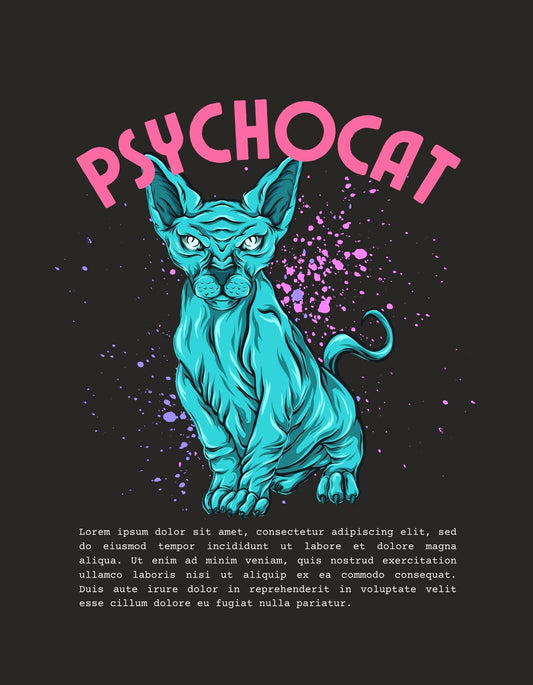 Egy karizmatikus kék macska uralkodik a kép közepén, neon rózsaszínű "PSYCHOCAT" felirattal a feje felett, és egy lenyűgöző pink porfelhővel a háttérben. 