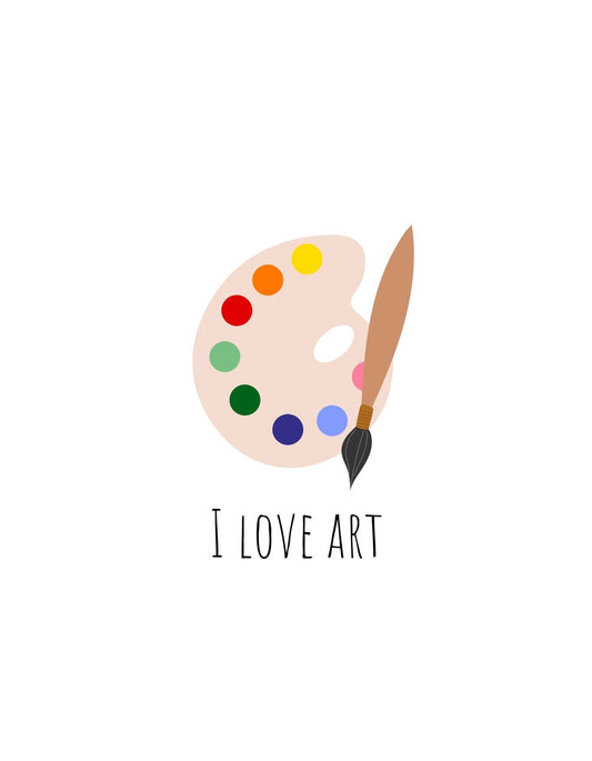 Egy ecsettel és színes festékekkel teli paletta látható, mellette az "I LOVE ART" felirat. 