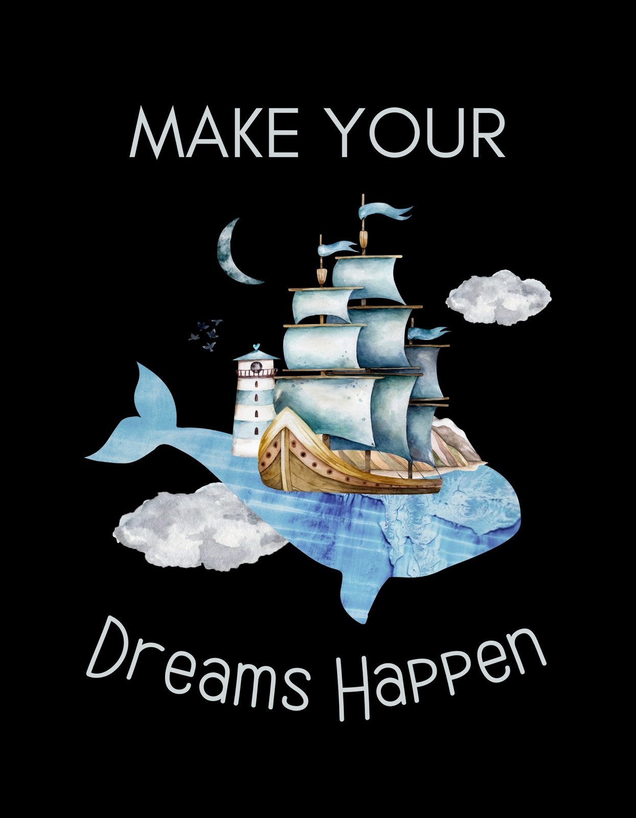 Egy álomszerű hajó úszik az éjszakai égbolton, felhők és egy félhold társaságában, mindezt kiegészíti a "MAKE YOUR Dreams Happen" felirat. 