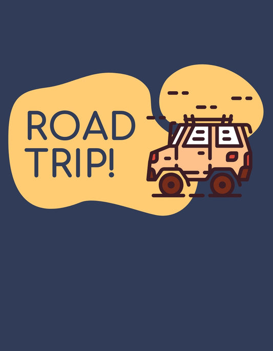 Egy kisautó és a "ROAD TRIP!" felirat látható a képen, amely a szabadság és kaland érzését közvetíti. A kék háttér tökéletesen kiemeli a design vidámságát. 