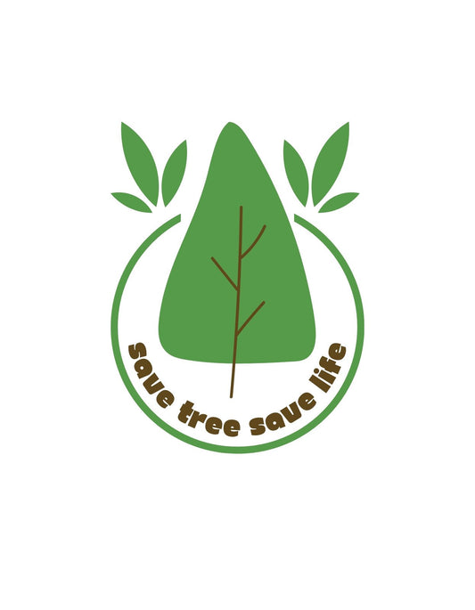 Egy zöld színű fa képe öleli körbe a "save tree save life" feliratot, amely egy kör alakú logó része. A design környezetvédelmi üzenetet hordoz. 