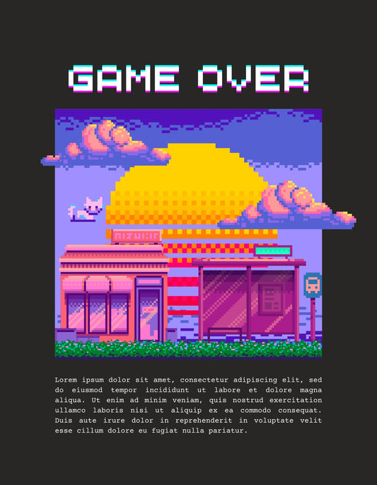 Egy pixelgrafikus városi jelenet, ahol a "GAME OVER" felirat uralja a képet, narancssárga naplementével a háttérben, és egy retro játékteremmel az előtérben. 