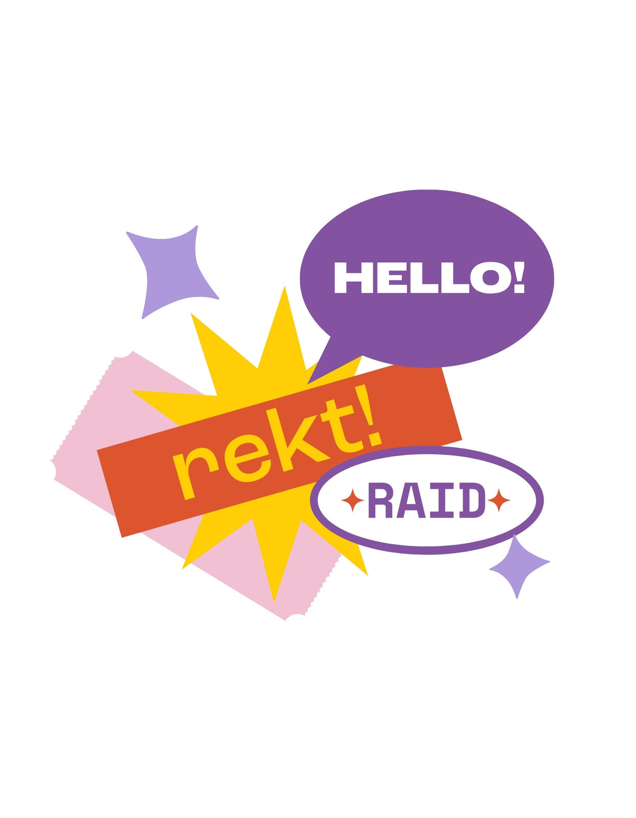 A képen színes, képregényes stílusú szövegbuborékok és felkiáltó jelek láthatóak, amelyek a "HELLO!", "nekt!" és "RAID" szavakat tartalmazzák. 