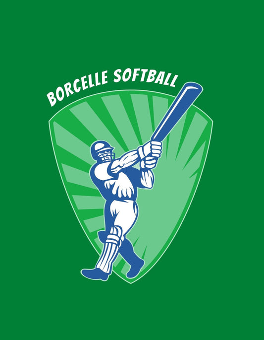 Egy dinamikus softball játékost ábrázoló grafika, aki éppen ütésre készül. A háttér élénkzöld, egy sportos címer formájában, melyen a "BORCELLE SOFTBALL" felirat olvasható. 