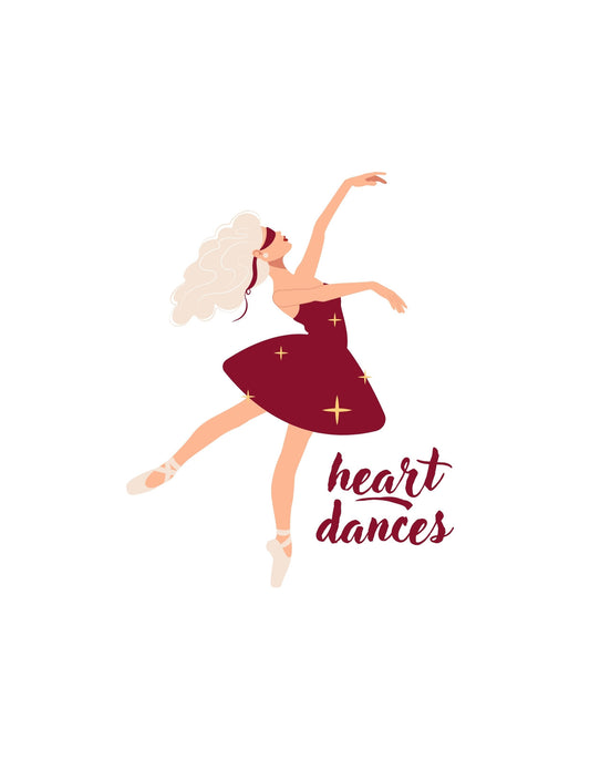 Egy lendületes balerina ábrázolásával és a "heart dances" felirattal teremt ez a design egy könnyed és inspiráló atmoszférát. 