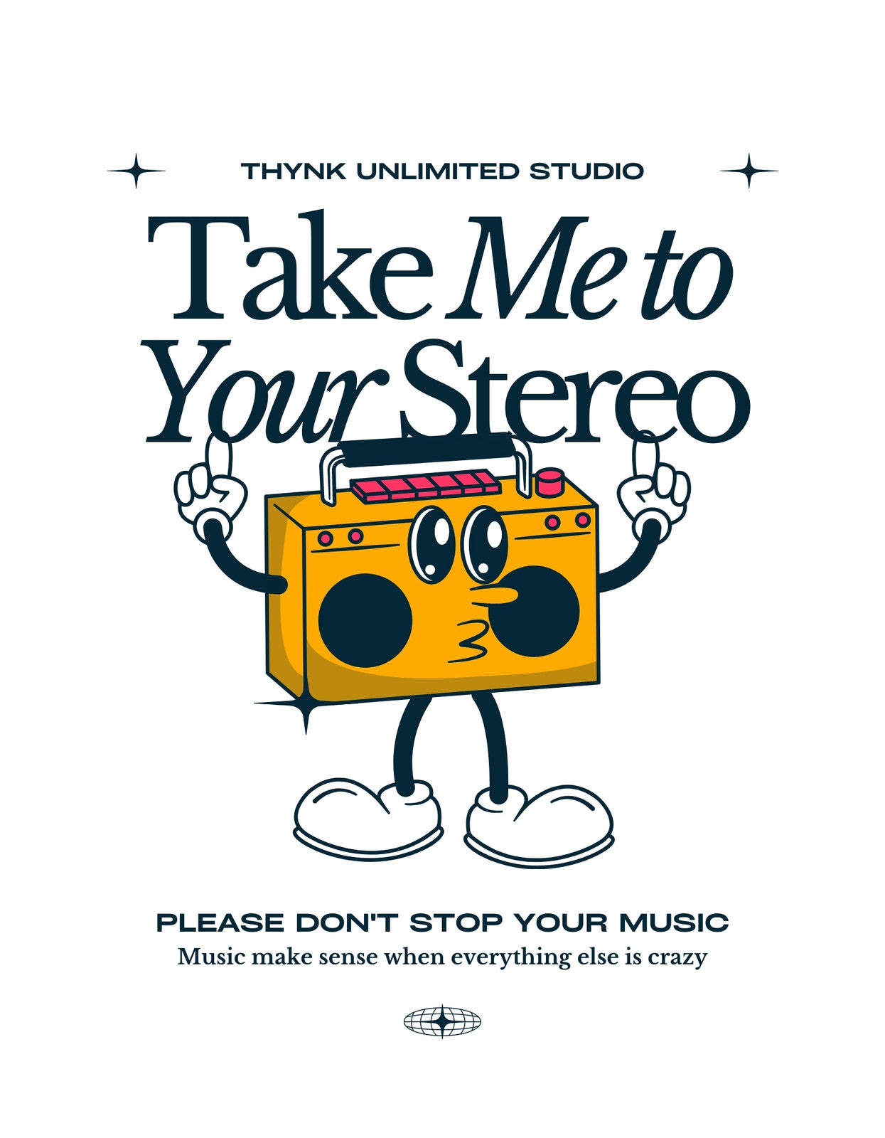 Egy aranyos rajzolt magnó, emberi vonásokkal és a "Take Me to Your Stereo" felirattal felszerelve, vidám, zenei hangulatot áraszt. 