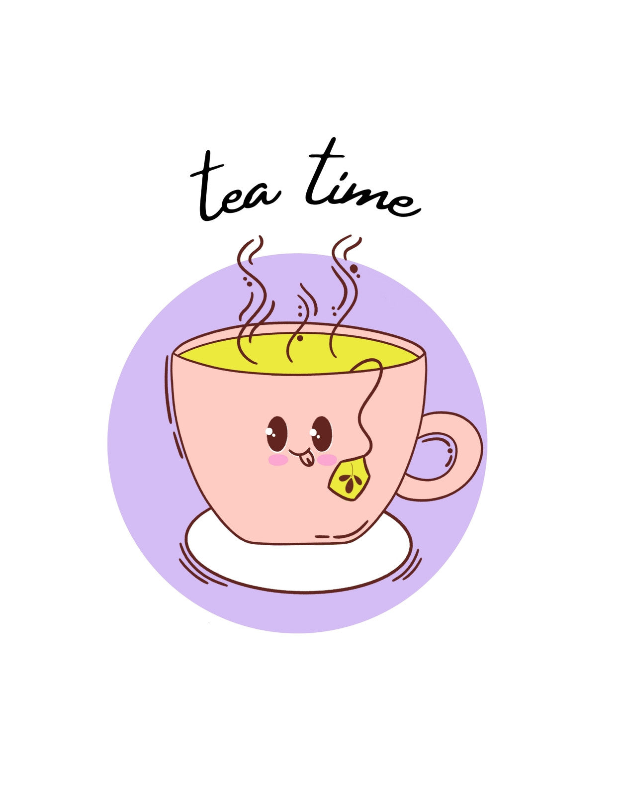 Egy aranyos, mosolygó teáscsésze látható, gőzölgő teával a belsejében, és a "tea time" felirattal a kép felső részén. A tervezés barátságos és meghitt hangulatot áraszt. 