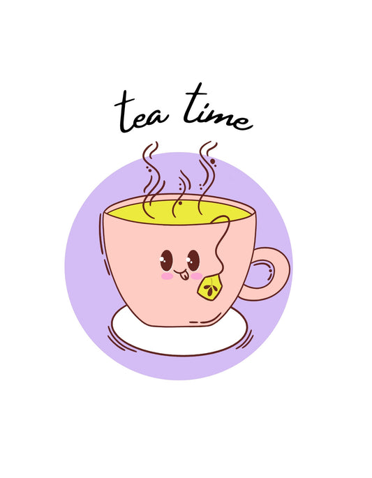 Egy aranyos, mosolygó teáscsésze látható, gőzölgő teával a belsejében, és a "tea time" felirattal a kép felső részén. A tervezés barátságos és meghitt hangulatot áraszt. 