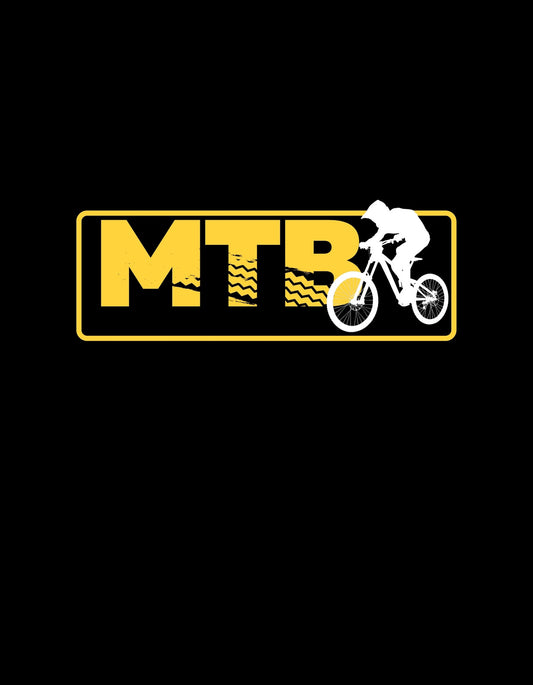 Egy hegyikerékpározó sziluettjét ábrázoló dinamikus dizájn, amely éles kontrasztot alkot a férfi sárga és fekete színekkel, MTB felirattal. 