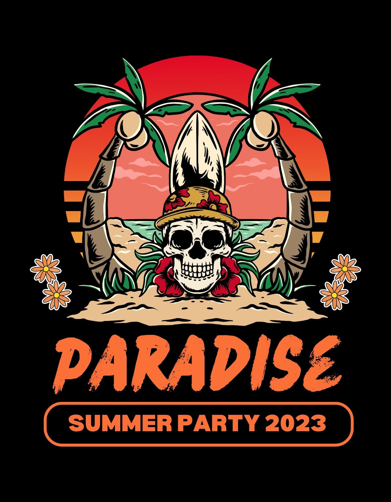 Színes dizájn, amely egy koponyát ábrázol nyaralós kalappal, két pálmafa között, a naplemente előterében. "Paradise Summer Party 2023" felirattal.