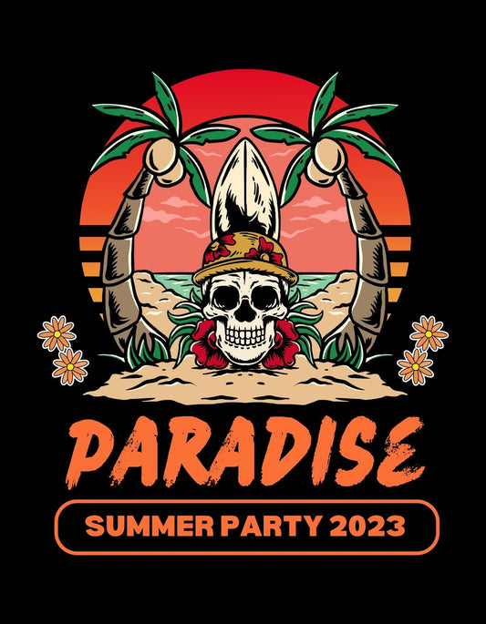 Színes dizájn, amely egy koponyát ábrázol nyaralós kalappal, két pálmafa között, a naplemente előterében. "Paradise Summer Party 2023" felirattal.