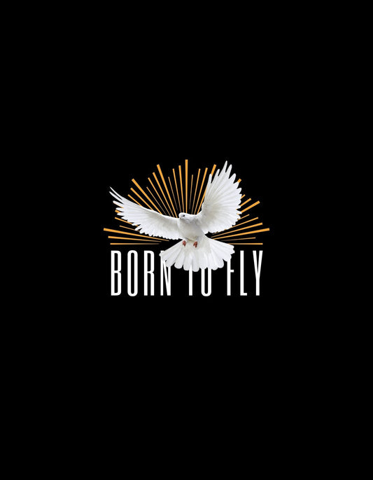 Egy fehér galamb szárnyait széttárva repülés közben, aranyszínű sugarak háttérrel és a "Born to Fly" felirattal. 