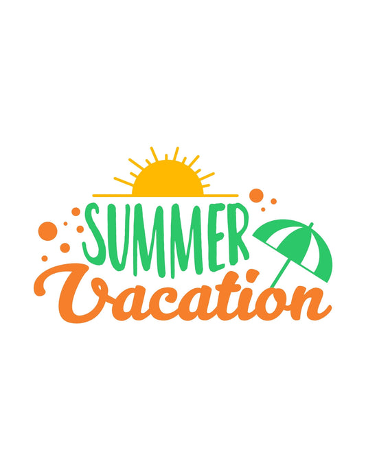 Egy vidám, napfényes nyári hangulatot árasztó dizájn, amely egy naplementében úszó "SUMMER VACATION" szöveget ábrázol, mellette egy nyitott napernyővel. 