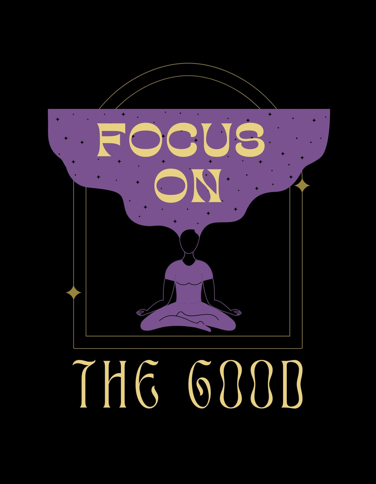 Egy meditáló sziluett látható a képen, egy békés és nyugtató éjszakai égbolt alatt, ahol az inspiráló mondat "FOCUS ON THE GOOD" olvasható. 