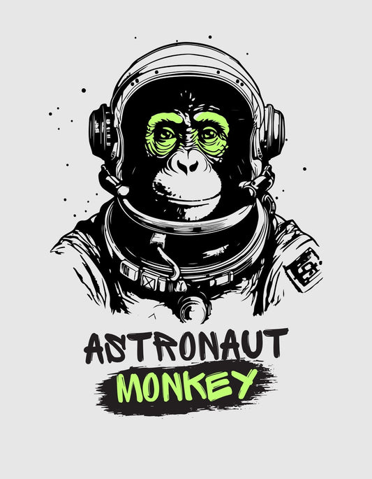 Egy űrhajós sisakot viselő majom képe tölti be a teret, zölden kiemelkedő szemekkel, amelyek az űrkutatás iránti vágyat és felfedezés izgalmát sugározzák. 