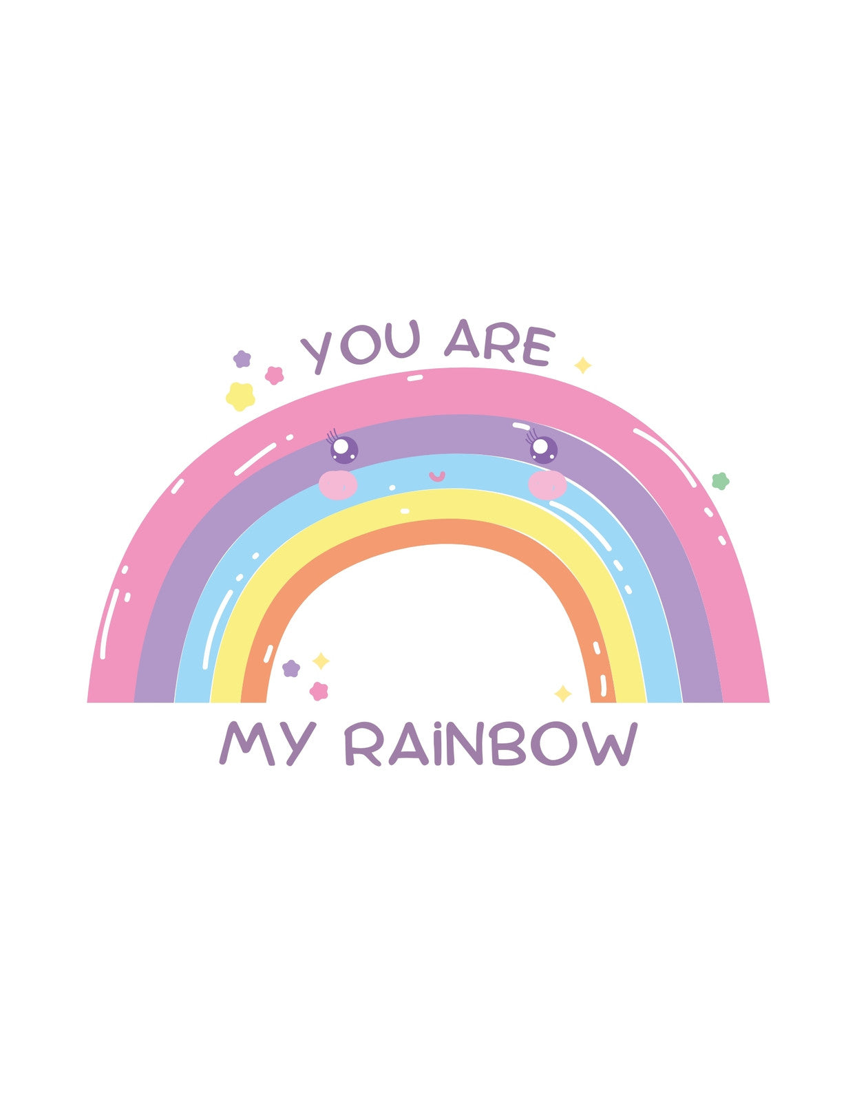 Egy mosolygós szivárvány dizájn, melyen az "You are my rainbow" felirat olvasható, jelezve, hogy a viselő személy valaki számára különleges. A színek vidámságot és pozitivitást sugároznak. 