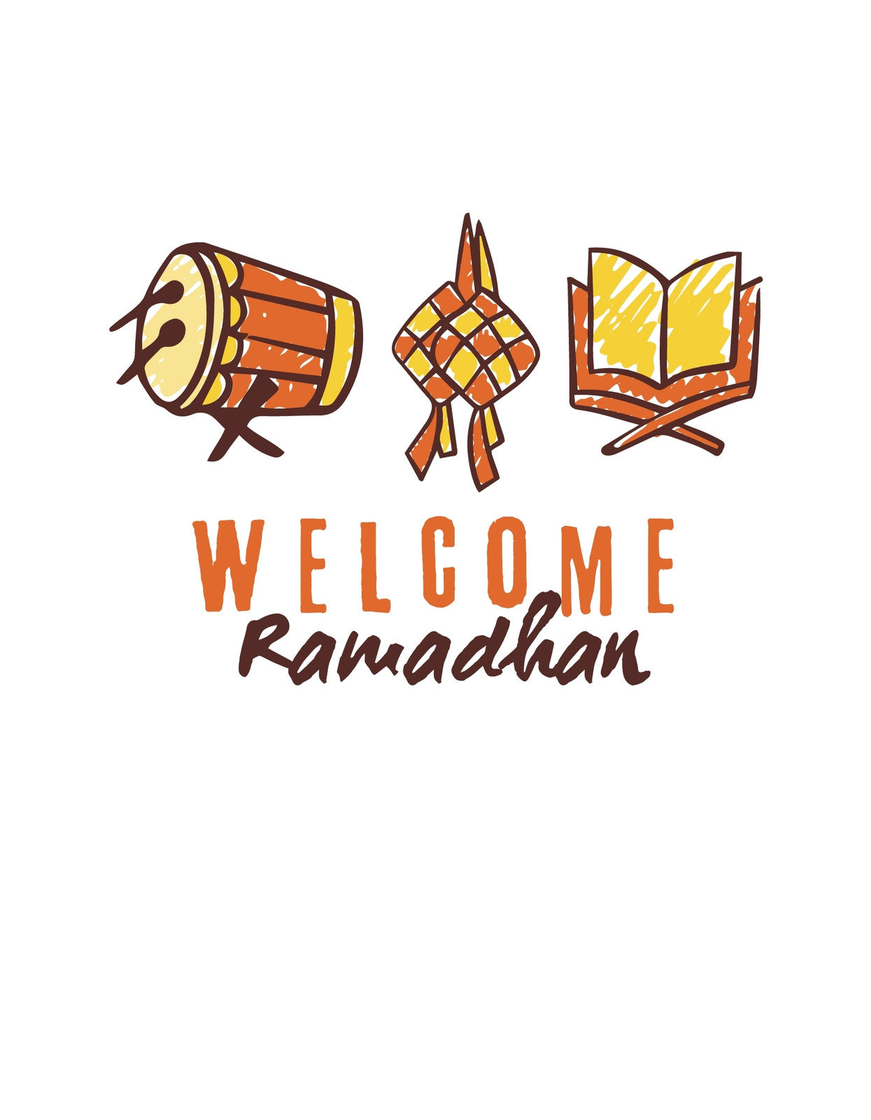 Az ábrán egy dob, egy ketrec és egy nyitott könyv látható "Welcome Ramadhan" felirattal, ami a Ramadan ünnepet üdvözli meleg színekben és barátságos hangulatban. 