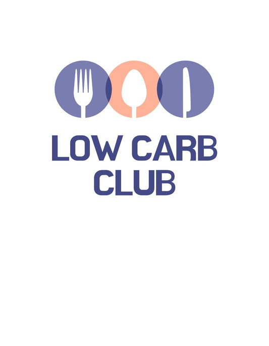 Egy villát, egy kanalat és egy kést ábrázoló ikonok veszik körül a "LOW CARB CLUB" feliratot, amely egy letisztult és modern megjelenésű dizájnt képvisel. 