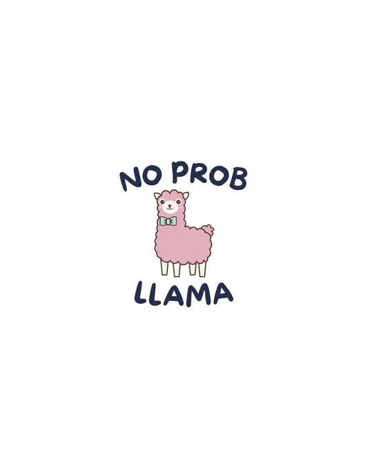 Egy kedves rózsaszín lámát ábrázoló kép, mellyel a "NO PROB LLAMA" szöveg játékos kifejezést alkot, azaz nincs probléma, lama stílusban. 