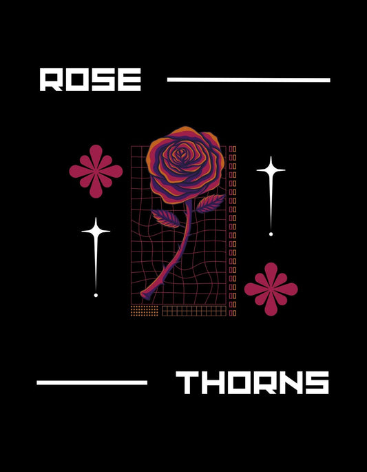 Egy stílusos és modern rózsa ábrázolása neon színekkel egy sötét hátterű tervezésben, körülötte szimbolikus elemekkel, mint virágok és csillagok, a "ROSE" és "THORNS" feliratokkal előtérben. 
