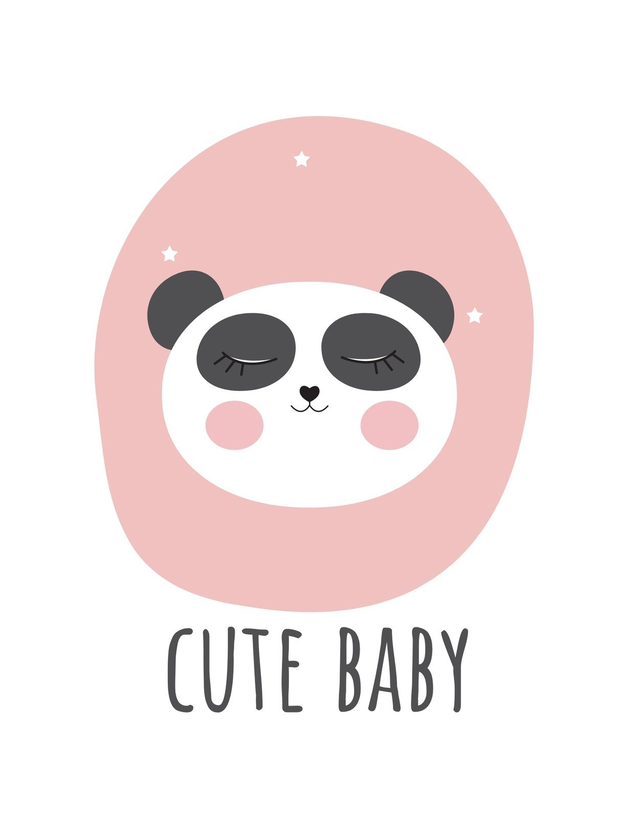 Egy aranyos panda arca, pihentető ábrázattal, csillagokkal díszített rózsaszín háttér előtt, alul a "CUTE BABY" felirattal. 