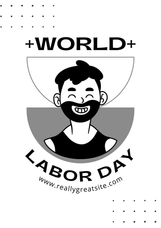 A képen egy mosolygó, bajuszos és szakállas karakter feje látható shield alakú keretben, a "WORLD LABOR DAY" szöveggel és egy weboldal címével körülvéve. Felszínre hozza a munka ünneplésének és az összetartozás érzésének fontosságát. 